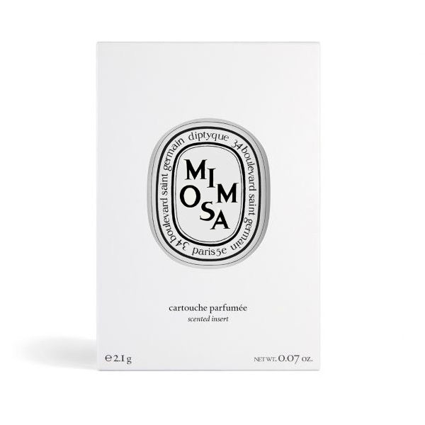 Diptyque - Mimosa / Mimose Capsule Parfümeinsatz in schlichter weißer Verpackung mit elegantem Etikettendesign