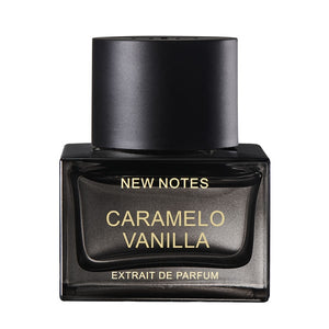 New Notes - Contemporary Blend Collection - Caramelo Vanilla Parfumflakon mit schwarzem Flakon und schlichtem Design vor weißem Hintergrund