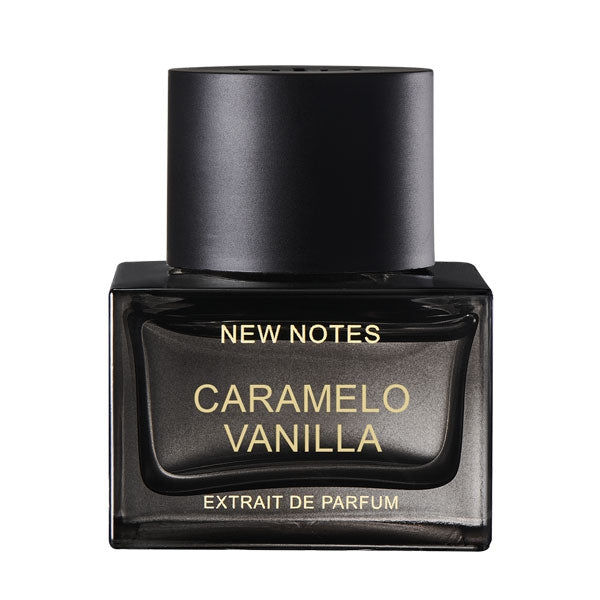 New Notes - Contemporary Blend Collection - Caramelo Vanilla Parfumflakon mit schwarzem Flakon und schlichtem Design vor weißem Hintergrund