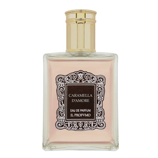 Il Profumo - Caramella d'Amore Parfumflakon mit goldenem Verschluss und zart rosafarbenem Duft vor weißem Hintergrund