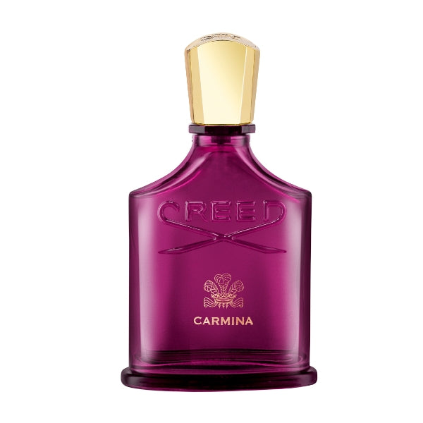 Creed - Carmina präsentiert eleganten kräftig violetten Flakon mit goldfarbenem Verschluss und geprägtem Logo auf weißem Hintergrund