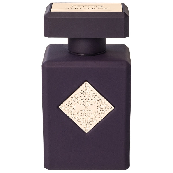Initio - Carnal Blend - High Frequency Parfumflakon in dunklem Design mit verzierter Plakette vor weißem Hintergrund