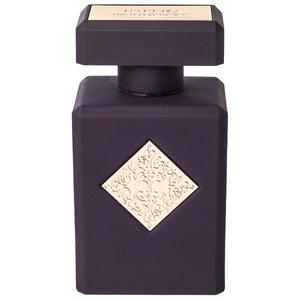 Initio - Carnal Blend - High Frequency Parfumflakon in dunklem Design mit verzierter Plakette vor weißem Hintergrund
