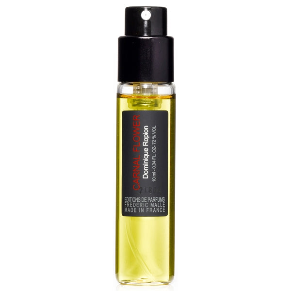 Frédéric Malle - Carnal Flower Parfumprobe mit schwarzem Sprühkopf und gelblicher Flüssigkeit vor weißem Hintergrund