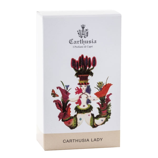 Carthusia - Carthusia Lady elegante Verpackung mit künstlerischer, farbenfroher Illustration vor weißem Hintergrund