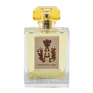 Carthusia - Carthusia Lady Parfumflakon mit gelbem Verschluss und historischem Wappen auf transparente Flasche