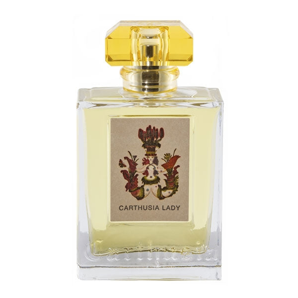 Carthusia - Carthusia Lady Parfumflakon mit gelbem Verschluss und historischem Wappen auf transparente Flasche