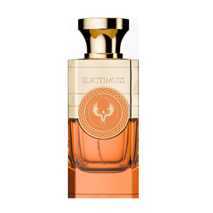 Electimuss - Caspian Cherry Parfumflakon mit goldenem Verschluss und orangefarbenem Glasbehälter in elegantem Stil