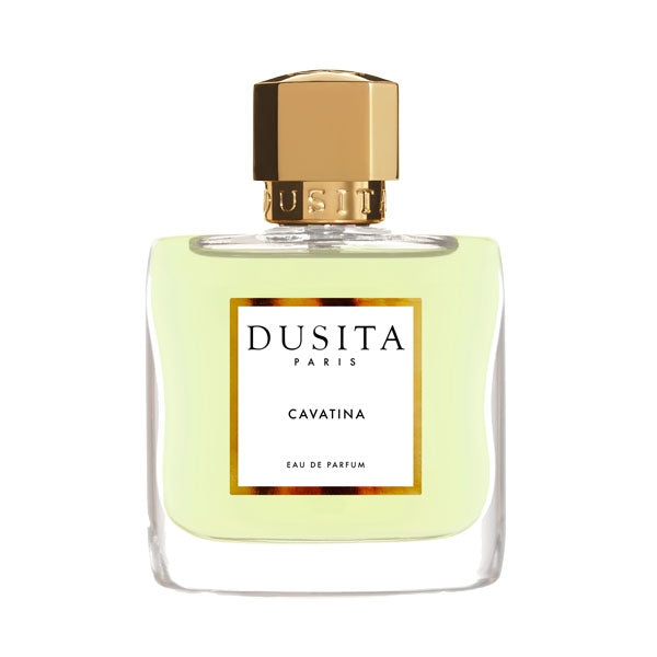Dusita - Cavatina elegante Parfumflasche mit goldfarbenem Verschluss und minimalistischer Etikettierung auf weißem Hintergrund