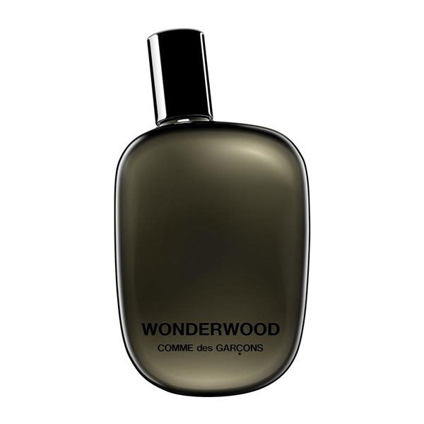 Comme des Garçons - Wonderwood eleganter dunkelgrauer Flakon mit schwarzem Verschluss auf weißem Hintergrund