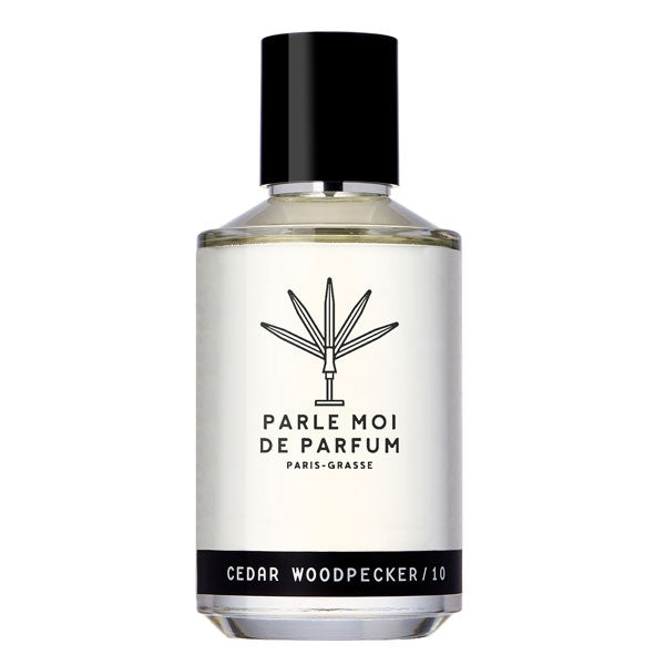 Parle Moi de Parfum - Cedar Woodpecker / 10 klarer Flakon mit schwarzem Verschluss vor weißem Hintergrund