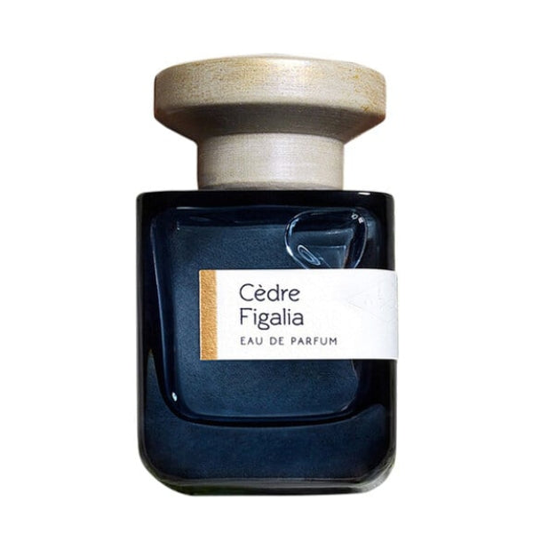 Atelier Materi - Cèdre Figalia minimalistischer Flakon mit dunkelblauem Glas und hölzernem Deckel vor weißem Hintergrund