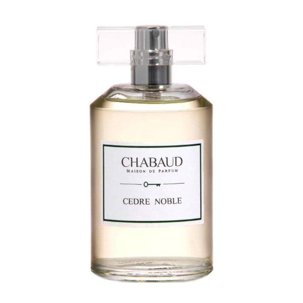 Chabaud - Cedre Noble Parfümflakon mit klarer Glasflasche und transparentem Verschluss vor weißem Hintergrund