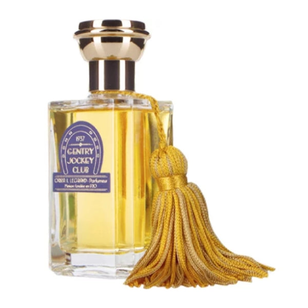 Oriza L. Legrand - Gentry Jockey Club Parfumflakon mit goldfarbenem Verschluss und dekorativem gelbem Quast vor weißem Hintergrund