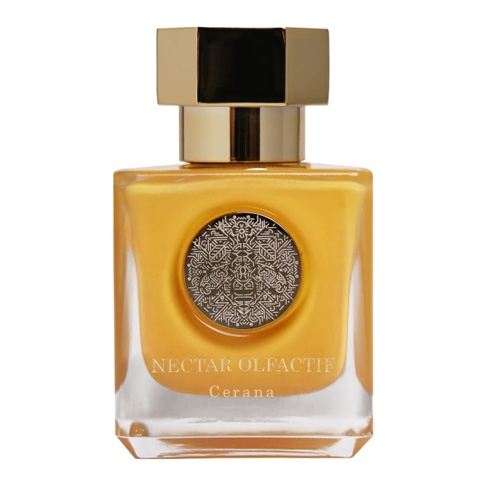 Nectar Olfactif - Cerana Parfumflakon in warmem Orange mit glänzendem goldfarbenem Verschluss und filigranem Emblem in der Mitte