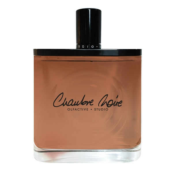 Olfactive Studio - Chambre Noire Parfumflakon in schlichtem Glas mit schwarzem Verschluss und bernsteinfarbener Flüssigkeit