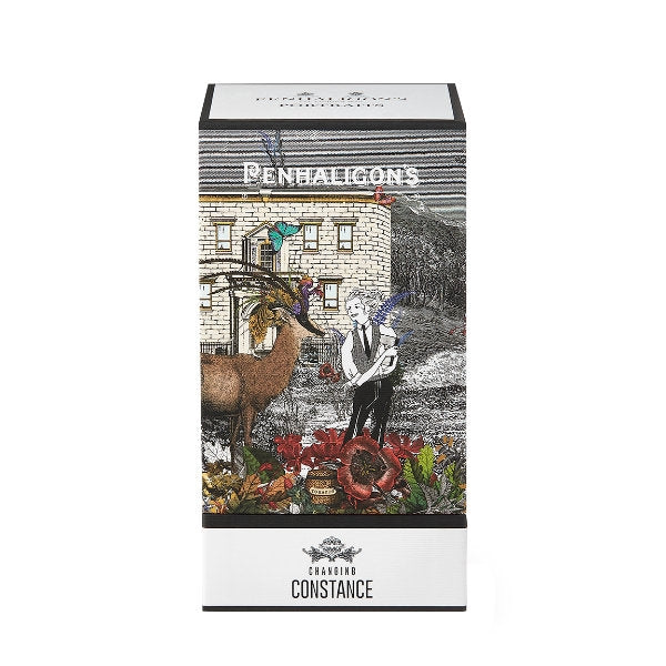 Penhaligon's - Portraits - Changing Constance detailreiche Verpackung mit Hirsch, Frau und floralen Elementen vor landschaftlichem Hintergrund