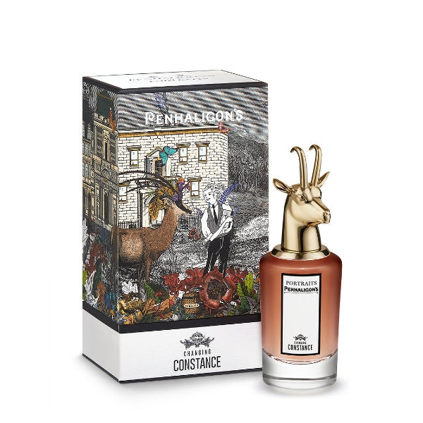 Penhaligon's - Portraits - Changing Constance Flakon mit goldenem Gazellenkopf vor kunstvoller Verpackung