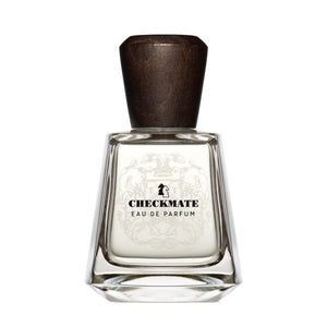 Frapin - Checkmate Parfumflakon mit klarem Glas und markantem dunklem Holzkopf vor weißem Hintergrund