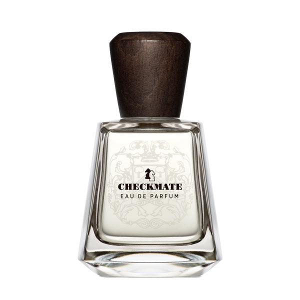 Frapin - Checkmate Parfumflakon mit klarem Glas und markantem dunklem Holzkopf vor weißem Hintergrund