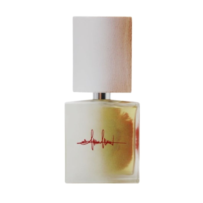 Filippo Sorcinelli - Unum - chiudi gli occhi e poi vedi Parfumflakon mit hellem Holzdeckel und roter Signatur auf klarem Glas