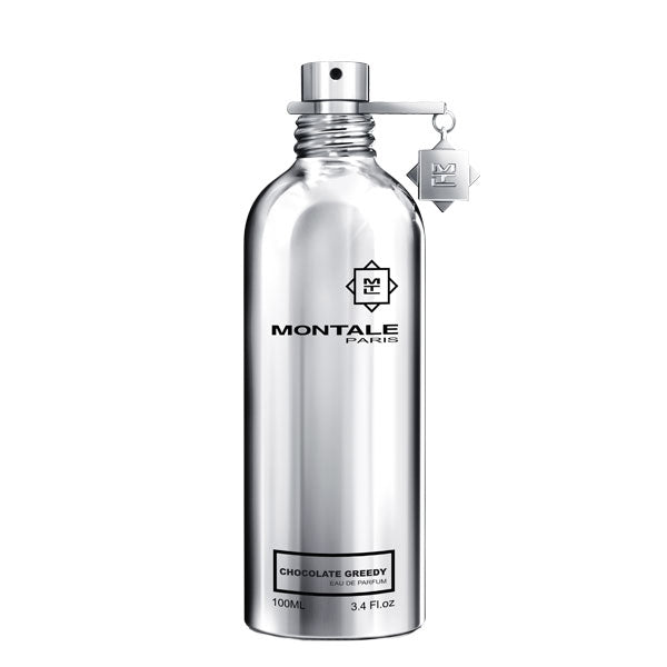 Montale - Chocolate Greedy Parfum in glänzendem Aluminiumflakon mit schwarzem Schriftzug vor weißem Hintergrund