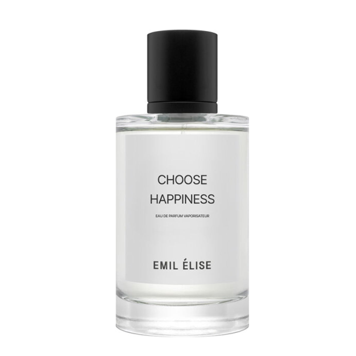 Emil Élise - choose happiness Parfumflakon mit schlichtem Design und schwarzem Verschluss auf weißem Hintergrund