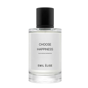 Emil Élise - choose happiness Parfumflakon mit schlichtem Design und schwarzem Verschluss auf weißem Hintergrund
