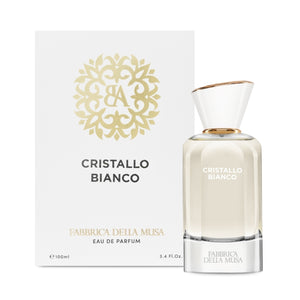 Fabbrica della Musa - Cristallo Bianco edler Flakon mit weiß-goldenem Deckel vor minimalistischer Verpackung in Weiß
