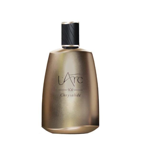 L'Arc Parfums - Memoire Collection - Chrysalide Parfumflakon in mattem Gold mit schwarzem Verschluss vor weißem Hintergrund
