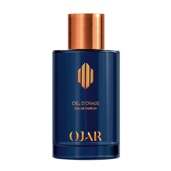 Ojar - Ciel D'Orage Parfumflakon in dunkelblau mit goldfarbenem Verschluss und reduziertem Design vor weißem Hintergrund