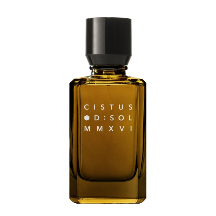 D:SOL MMXVI - Cistus Parfumflakon in bernsteinfarbenem Glas mit schlichtem schwarzem Verschluss und klarer Typografie