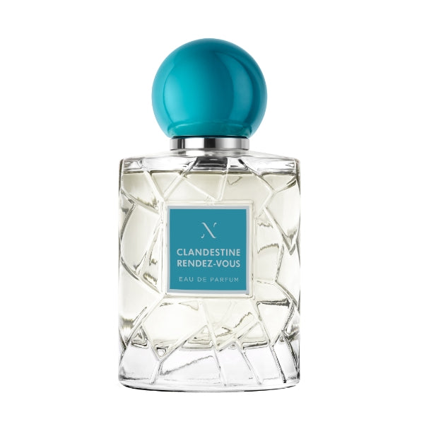 Les Sœurs de Noé - Clandestine Rendez-Vous Parfumflakon mit geometrischem Muster und türkisfarbenem Verschluss vor weißem Hintergrund
