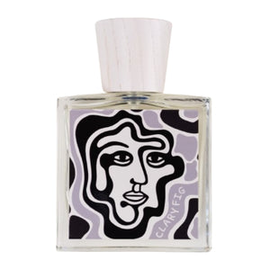 Carl Kling Parfums - Clary Fig Parfüm mit avantgardistischem Flakon und abstraktem Gesichtsmotiv vor weißem Hintergrund