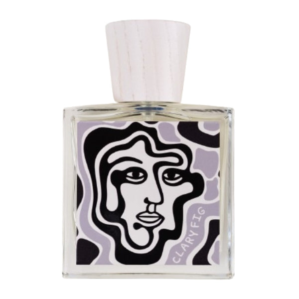Carl Kling Parfums - Clary Fig Parfüm mit avantgardistischem Flakon und abstraktem Gesichtsmotiv vor weißem Hintergrund