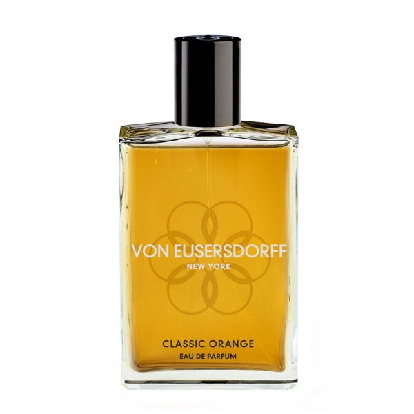 Von Eusersdorff - Classic Orange Parfumflakon mit klarem Glas, rechteckiger Form und schwarzem Verschluss im modernen Look