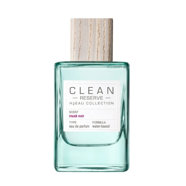 Clean Perfume - H2Eau Musk Noir Flakon mit hellgrauem Holzverschluss vor weißem Hintergrund