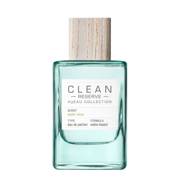 Clean Perfume - H2Eau Water Lotus Parfümflakon mit klarem Glas und hellem Holzverschluss vor weißem Hintergrund