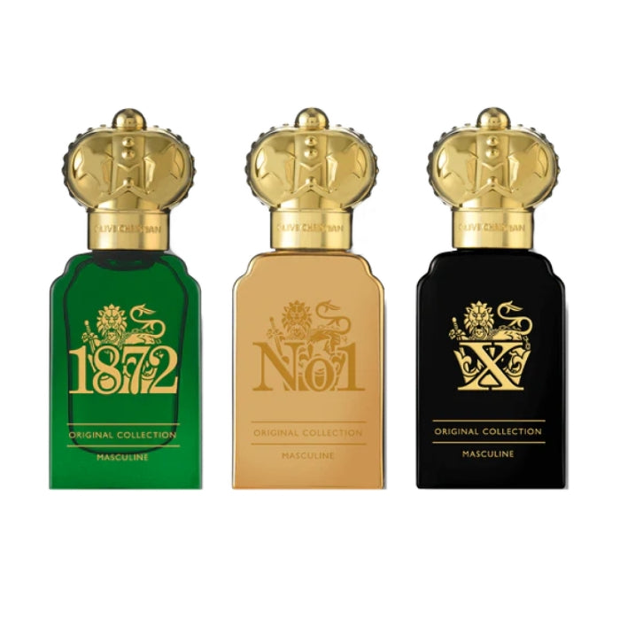 Clive Christian - Traveller Set for Men mit drei luxuriösen Parfumflakons in Grün, Gold und Schwarz mit goldener Krone