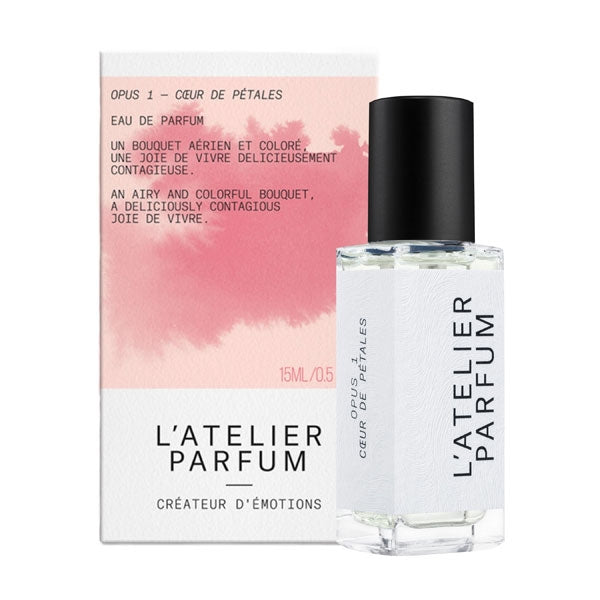 L'Atelier Parfum - Opus 1 - Coeur de Pétales kleine Flasche mit schwarzem Verschluss und zartem rosa Aquarelletikett