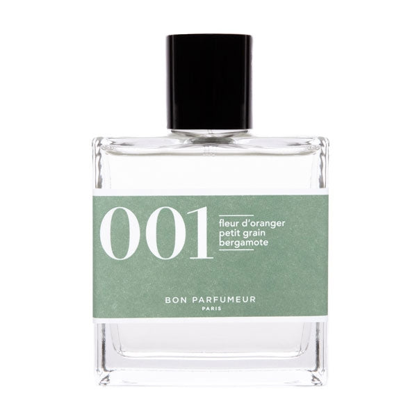 Bon Parfumeur - Les Classiques - 001 Parfümflakon mit grünem Etikett und schwarzem Verschluss vor weißem Hintergrund