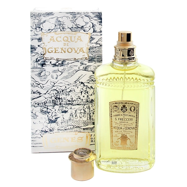 Acqua di Genova - Cologne Parfumflakon mit goldenem Verschluss vor Verpackung im maritimen Design