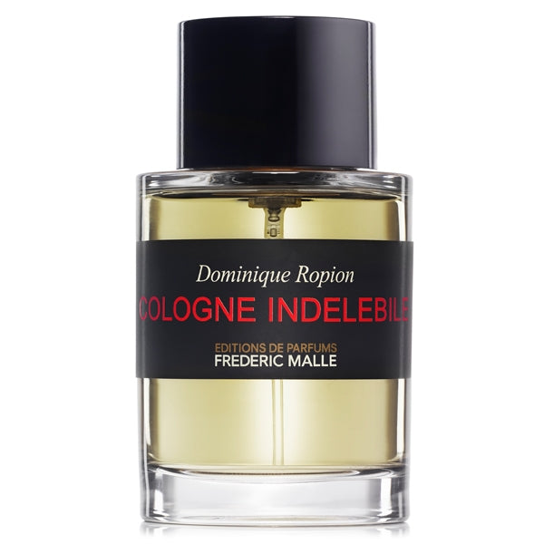 Frédéric Malle - Cologne Indélébile Parfumflakon mit klarer Flüssigkeit und schwarzem Label auf weißem Hintergrund