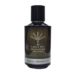 Parle Moi de Parfum - Comete Paradis / 62 Flakon in dunklem Glas mit minimalistischer, weißer Typografie vor weißem Hintergrund