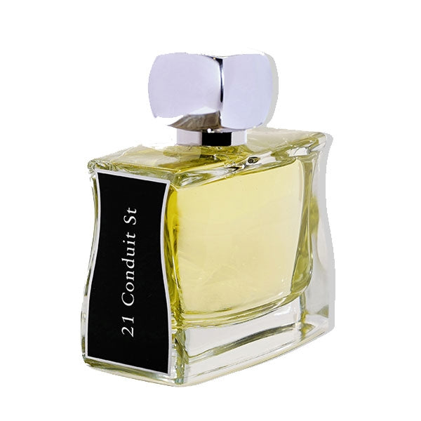 Jovoy - 21 Conduit St Parfumflakon mit transparentem Glas und silbernem Verschluss auf weißem Hintergrund