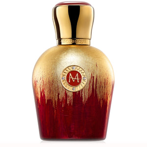 Moresque Parfum - Art Collection - Contessa Flakon in Rot und Gold mit emblematischem Medaillon vor weißem Hintergrund