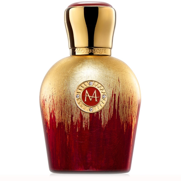 Moresque Parfum - Art Collection - Contessa Flakon in Rot und Gold mit emblematischem Medaillon vor weißem Hintergrund