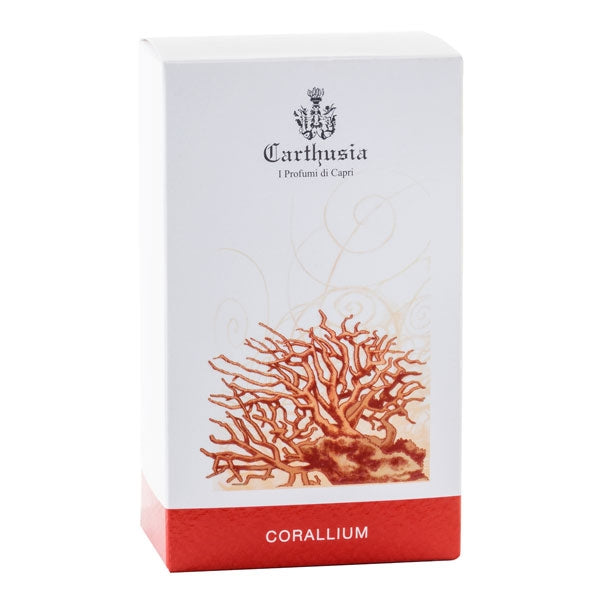Carthusia - Corallium Verpackung mit rotem Korallenmotiv und elegantem Logo auf weißem Hintergrund