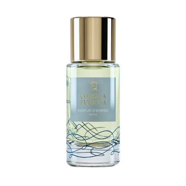 Parfum d'Empire - Corsica Furiosa mit klarem Glasflakon, goldenem Verschluss und zartem blauen Motiv