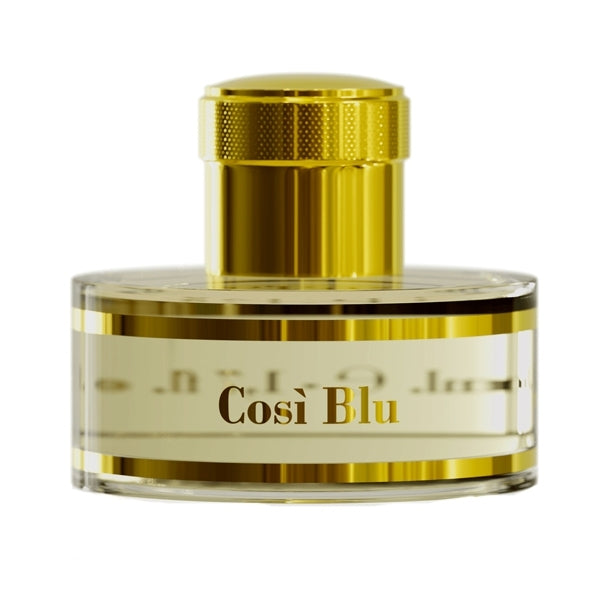 Pantheon Roma - Così Blu Parfumflakon mit goldfarbenem Verschluss und klarer Flasche vor weißem Hintergrund